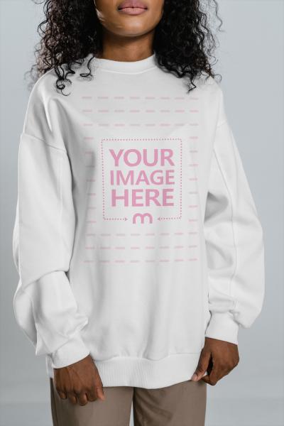 Woman in Sweatshirt on Grey Background Mockup